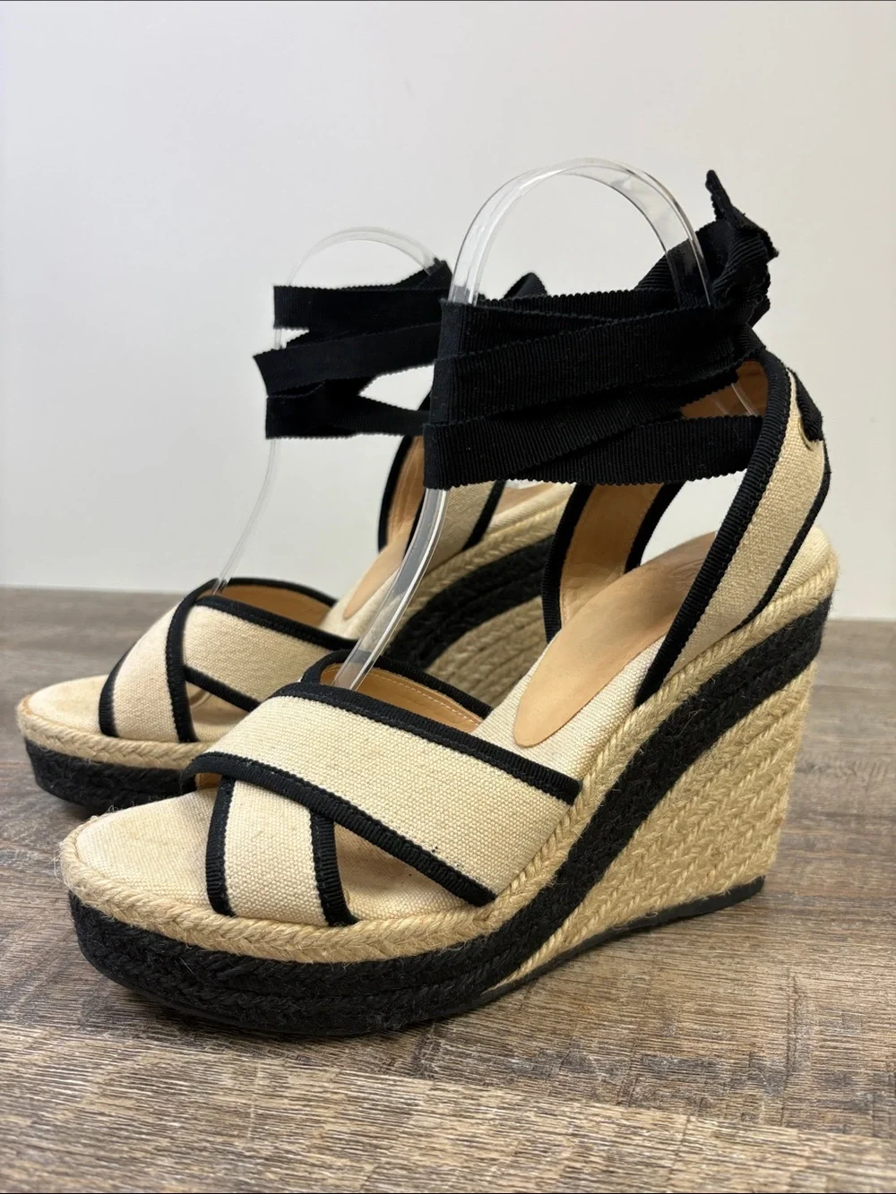Castañer Canvas Espadrille Wedge Sandals Black Ivory Ankle Tie Size 38